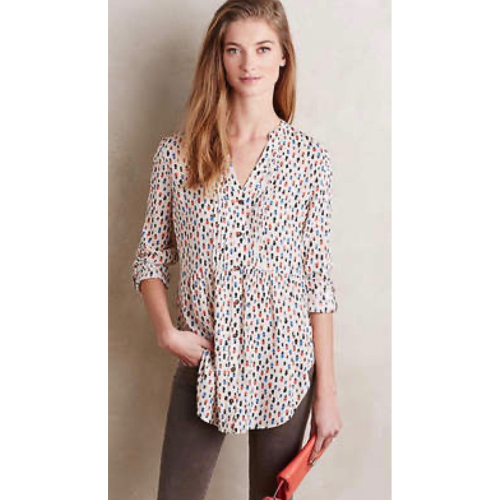 Maeve Anthropologie Sz 4 Cream Calia Pintuck Button Front Tunic Blouse Shirt Top